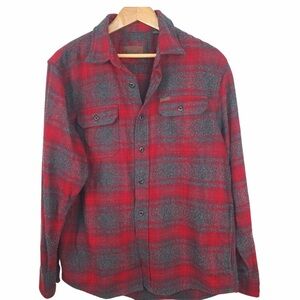 Orvis Red and Gray Plaid Casual Button Down Shirt / Shacket. MED.